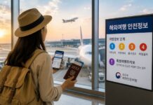 해외여행 안전 브리핑을 확인하는 공항 여행객