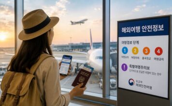해외여행 안전 브리핑을 확인하는 공항 여행객