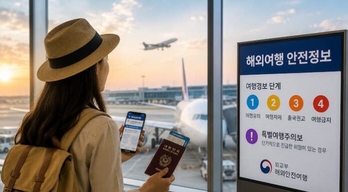 해외여행 안전 브리핑을 확인하는 공항 여행객