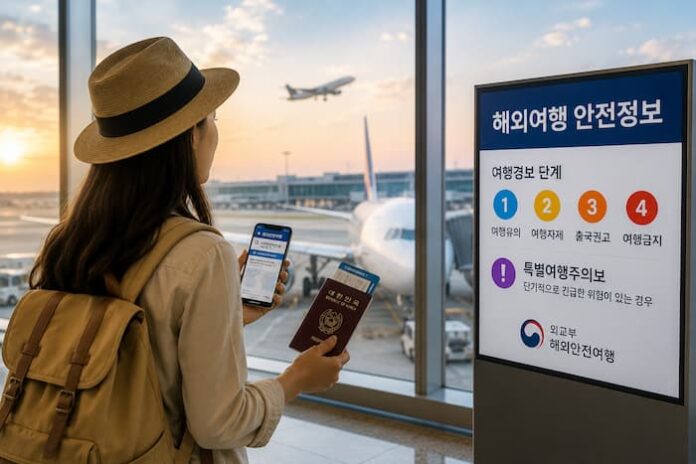 travel-safety-briefing-2026-05-26 해외여행 안전 브리핑을 확인하는 공항 여행객