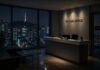 Foreign tourism office in Korea with empty reception desk and Seoul skyline at night