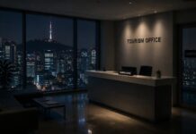 Foreign tourism office in Korea with empty reception desk and Seoul skyline at night