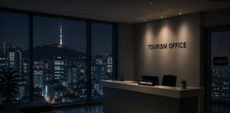 Foreign tourism office in Korea with empty reception desk and Seoul skyline at night