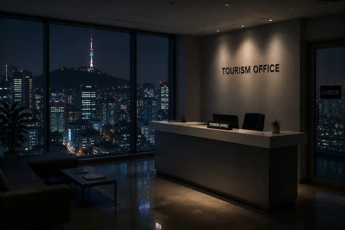 where-are-tourism-boards-global-edition-hero Foreign tourism office in Korea with empty reception desk and Seoul skyline at night