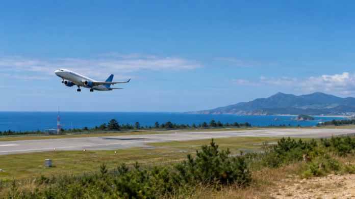 양양~제주 노선 할인 프로모션과 양양국제공항 활성화를 상징하는 해안 공항 항공기 이륙 장면