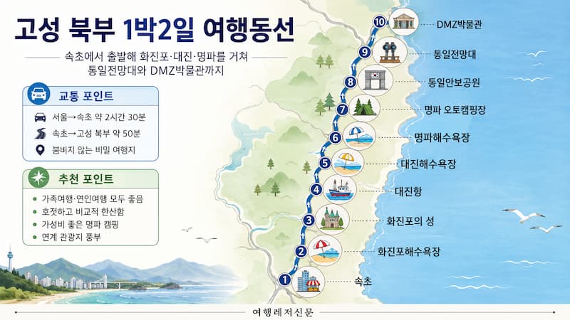 속초에서 화진포해수욕장과 대진항, 명파해수욕장, 통일전망대, DMZ박물관까지 이어지는 고성 북부 1박2일 여행 동선 지도