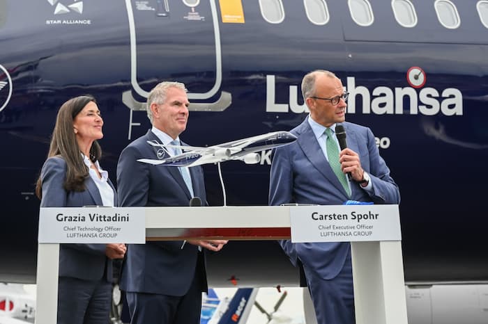 Carsten Spohr, CEO of Lufthansa Group, speaks during the Airbus and Lufthansa partnership event at ILA Berlin Air Show