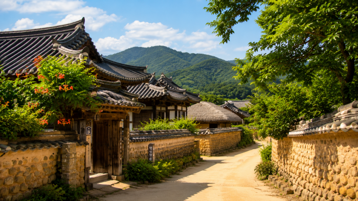 안동 하회마을의 한옥 골목과 푸른 여름 녹음이 어우러진 전통마을 산책길