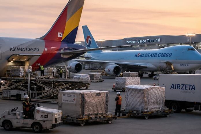 asiana-cargo-airzeta-korean-air-cargo-market 아시아나 화물사업 매각 이후 에어제타와 대한항공 카고의 경쟁 구도를 상징하는 인천공항 화물터미널 이미지