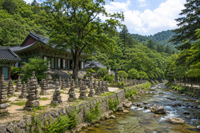 설악산 백담사 경내와 계곡가 돌탑 풍경