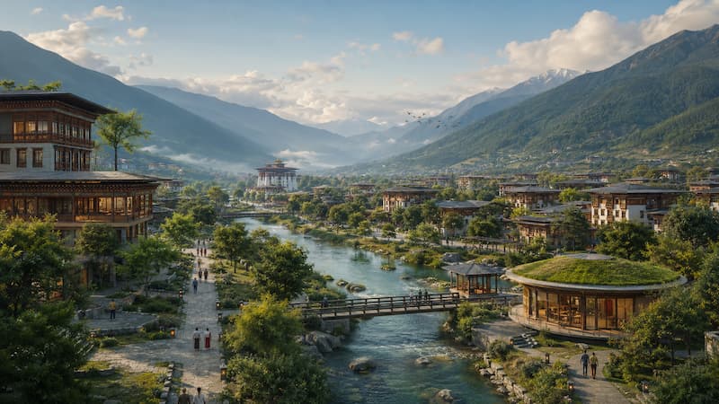 Bhutan Himalayan valley and mountain scenery representing wellness and restorative travel