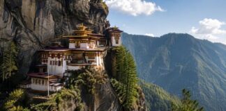 Bhutan Himalayan monastery and mountain landscape representing spiritual and wellness travel for Korean travelers