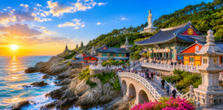 부산 해동용궁사 해안 절벽과 동해 일출 풍경