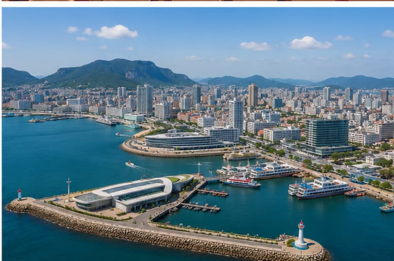 부산 항만 크루즈 기항 도시 전경과 중국 포상관광