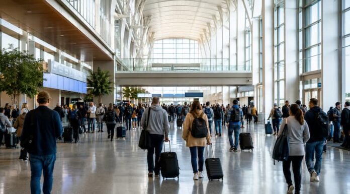 세계 관광산업의 경쟁 구도를 상징하는 국제공항 터미널과 여행객 이동 장면