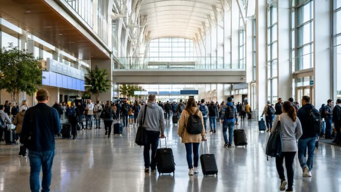 세계 관광산업의 경쟁 구도를 상징하는 국제공항 터미널과 여행객 이동 장면