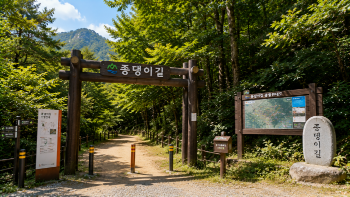 충주호 종댕이길 마즈막재 주차장에서 생태연못과 숲해설안내소로 이어지는 숲길