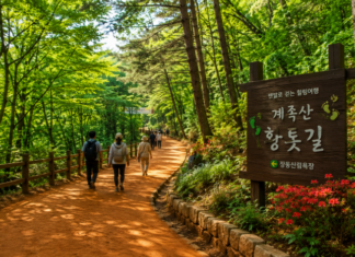 대전 계족산 황톳길, 10km 숲길 따라 산성과 봉황정까지 걷는 힐링 트레킹 명소 대전 계족산 장동산림욕장 숲속 황톳길을 걷는 여행자들