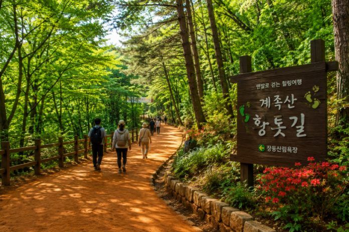 daejeon_gyejoksan_red_clay_forest_trail 대전 계족산 장동산림욕장 숲속 황톳길을 걷는 여행자들