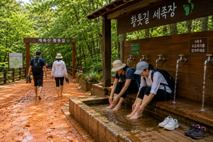 계족산 황톳길 맨발 걷기 후 세족장에서 발을 씻는 여행자