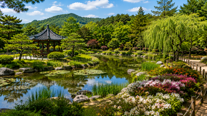 경북천년숲정원의 테마정원과 버들못 주변 수변 산책 풍경