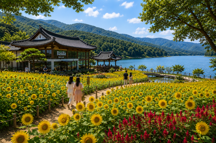 경주 바실라 해바라기 꽃밭과 하동저수지 산책 포토존