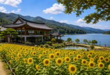 경주 하동저수지 옆 바실라 한옥카페와 해바라기 꽃밭