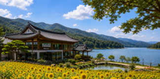 경주 하동저수지 옆 바실라 한옥카페와 해바라기 꽃밭