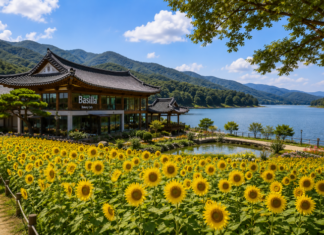 경주 하동저수지 옆 바실라 한옥카페와 해바라기 꽃밭