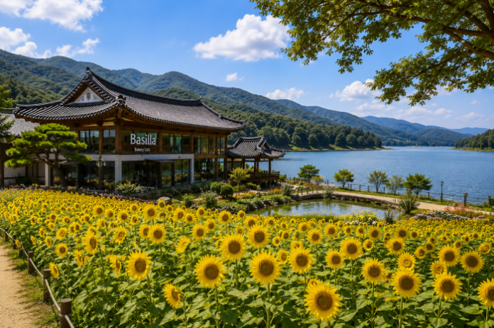 경주 하동저수지 옆 바실라 한옥카페와 해바라기 꽃밭