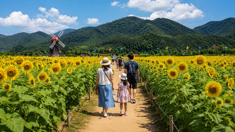 함안 강주해바라기축제 해바라기밭 산책로를 걷는 가족 여행객