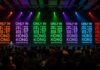 Only in Hong Kong stage with colorful lights at a Hong Kong travel mission event