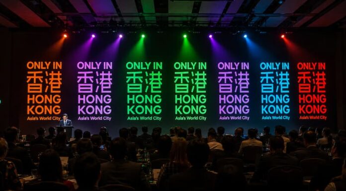 Only in Hong Kong stage with colorful lights at a Hong Kong travel mission event