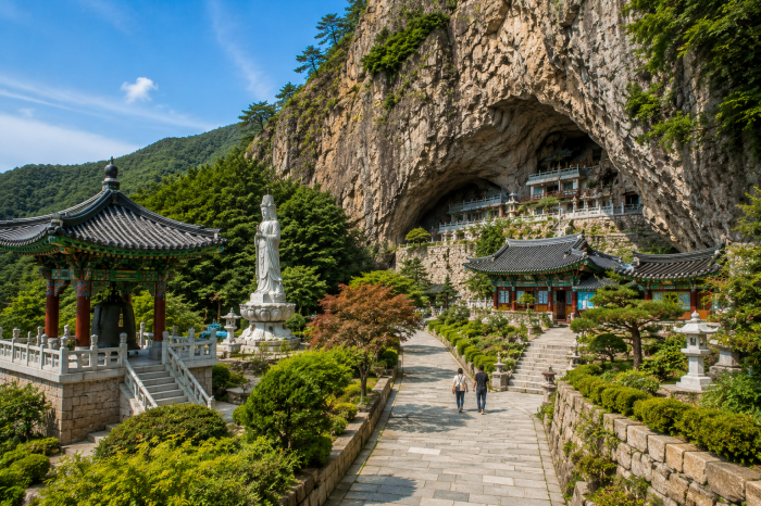 봉황산 일붕사 경내 산책길과 사찰 전각 풍경