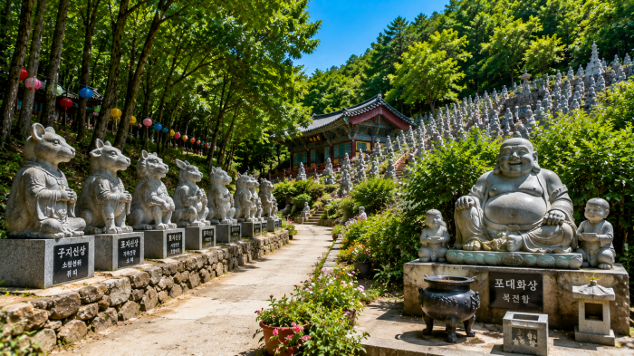 진해 삼밀사 경내의 석조 십이지신상과 포대화상, 달마대사 석상