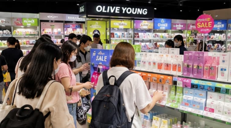 외국인 관광객이 K-뷰티 매장에서 화장품을 살펴보는 장면