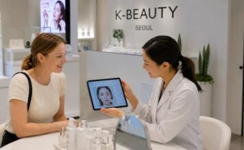 외국인 관광객이 서울의 K-뷰티 체험 공간에서 전문 상담을 받는 장면
