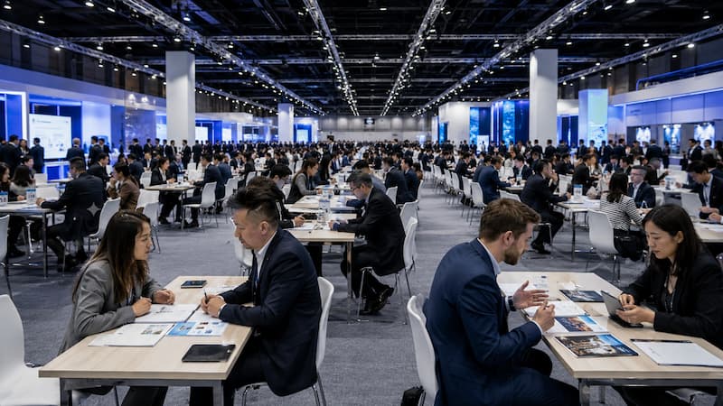 Hosted buyer meetings at a large MICE marketplace with international participants and exhibitors