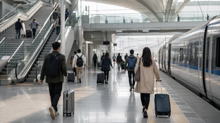 한국 지역관광 확산을 상징하는 공항 철도 환승 공간과 여행자 이동 장면