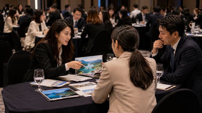 Korean travel trade professionals holding a B2B roadshow meeting with destination materials