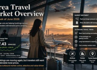 Korea Travel Market Overview|Fuel Surcharges Fall, But Price Discipline Still Rules Korea Travel Market Overview showing airport departure scene, exchange rate pressure, fuel surcharge relief and outbound travel trends