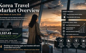 Korea Travel Market Overview showing airport departure scene, exchange rate pressure, fuel surcharge relief and outbound travel trends