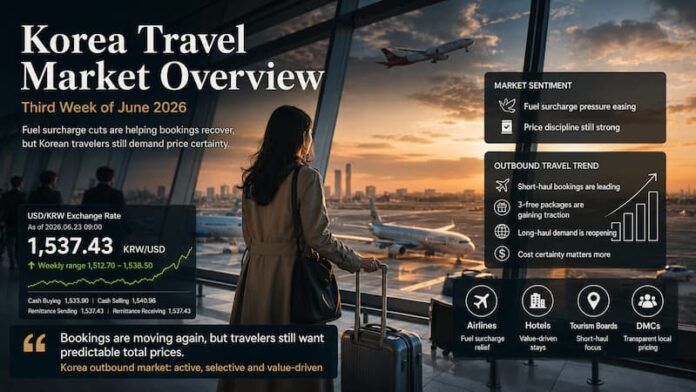 Korea Travel Market Overview showing airport departure scene, exchange rate pressure, fuel surcharge relief and outbound travel trends