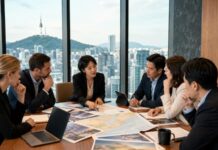 Travel industry professionals discussing Korean market strategy in a high-rise meeting room overlooking Seoul