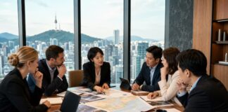Travel industry professionals discussing Korean market strategy in a high-rise meeting room overlooking Seoul