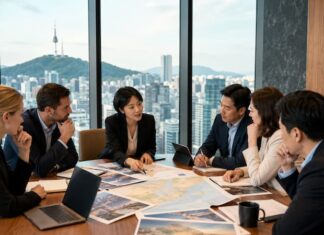The Secret to Your Success in the Korean Market ① Travel industry professionals discussing Korean market strategy in a high-rise meeting room overlooking Seoul