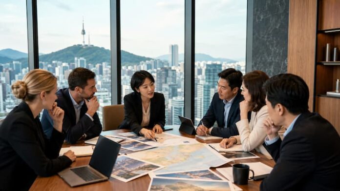 Travel industry professionals discussing Korean market strategy in a high-rise meeting room overlooking Seoul