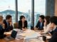 Travel industry professionals discussing Korean market strategy in a high-rise meeting room overlooking Seoul