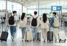 짧은 해외여행을 떠나기 위해 공항 출국장으로 향하는 젊은 한국인 여행자들