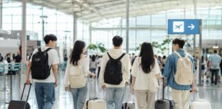 짧은 해외여행을 떠나기 위해 공항 출국장으로 향하는 젊은 한국인 여행자들